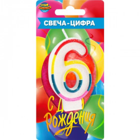 Свеча для торта, цифра 6 свеча-цифра, блистер, день рождения ЧУДО ПРАЗДНИК в кор.50*12шт
